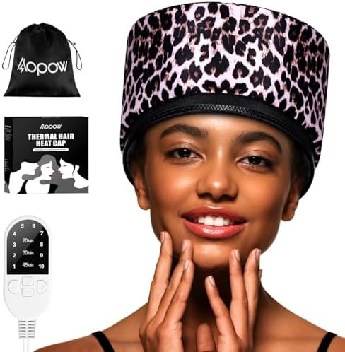 Heat Cap Leopard Thermal Steam Cap - 10-Level Heating for Deep Conditioning Natural and Black Hair at Home by AOPOW