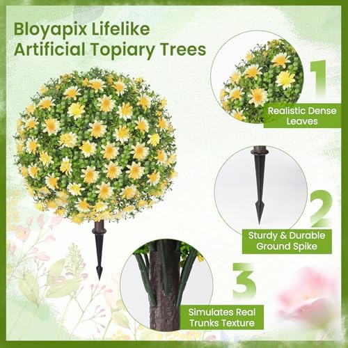 Artificial Yellow Boxwood Topiary Ball Tree with Ground Spike, Set of 2 Fake Fall Boxwood Bushes Shrubs Outdoor, UV Resistant Faux Greenery Trees Ball for Outdoor Front Porch Garden Decor - Image 6