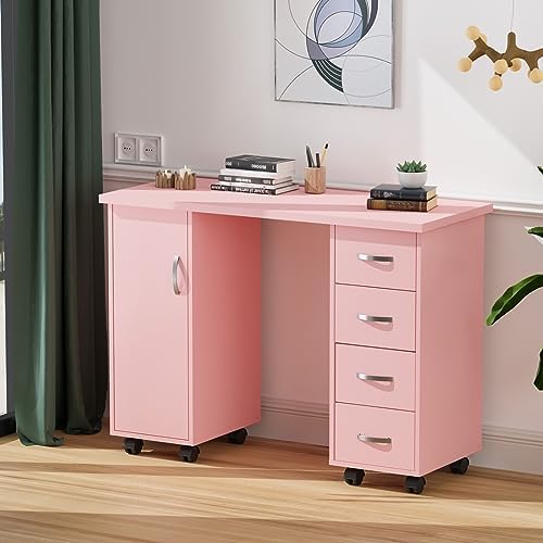 OmySalon Manicure Table Nail Desk with Cabinet, Drawers, Wheels & Wrist Rest, Spa Salon Beauty Home Wooden Technician Workstation for Nail Tech, Pink - Image 7