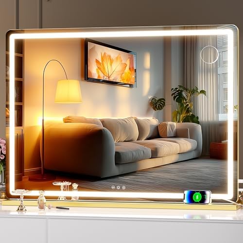 Hasipu Vanity Mirror with Lights, 39.4" x 30" LED Makeup Mirror, Lighted Makeup Mirror with Dimmable 3 Modes, Touch Screen Control Vanity Mirror Round Gold by Whatssuitableisthebest