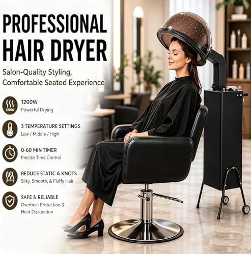 Hair Dryer for Salon Use - 1200W Freestanding Blow Dryer with Wheels, Adjustable Timer & Temperature, Large Hood, Commercial-Grade Hair Dryer - Image 2
