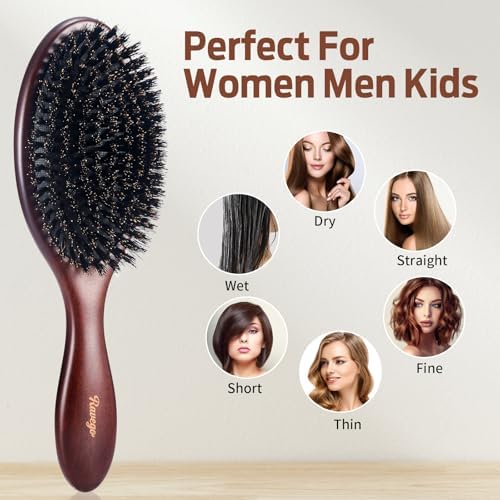 Hair Brush, Boar Bristle Hair Brush for Women Men Kids, Nature Bristles Hairbrush for Thin Fine All Hair Type, Restore Shine And Texture, Set Includes Cleaning Tool - Image 6