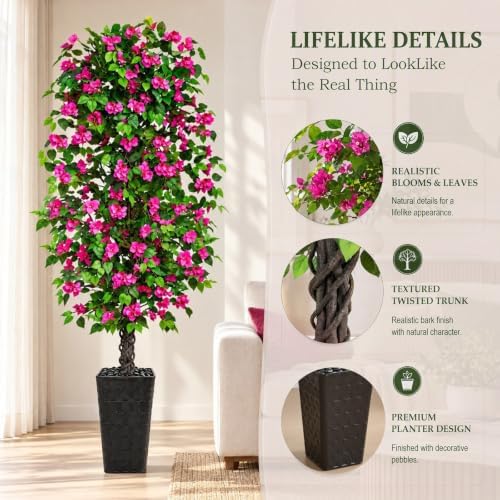 Artificial Bougainvillea Tree 7FT, Fake Tree with Flowers Black Planter - Image 3