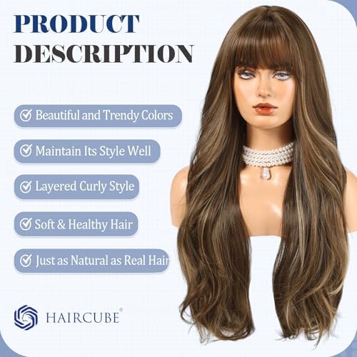 HAIRCUBE Long Brown with Blonde Highlight Wig with Bangs 22 inch Layered Curly Wigs for Women Natural Synthetic Wigs for Daily Use (wig cap:22-24 inch) - Image 3