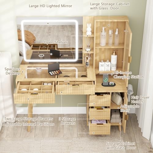 49" Wood Vanity Desk with Mirror and Lights, Boho Fluted Makeup Vanity Table with Modern Glass Top, Charging Station, 5 Drawers, 2 Cabinet with Adjustable Shelves, Salon Station, Natural Oak - Image 5