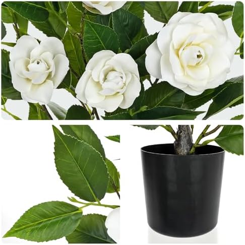 Small Artificial Camellia Roses Potted - 17.7" White Faux Camellia Rose Mini Tree Fake Flower Plant Artificial Plants & Flowers Indoor with Planter for Home Office Living Room Porch Arrangement Decor - Image 7