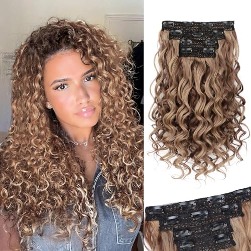 Vigorous Curly Clip In Hair Extensions,4PCS 16 inch Thick Curly Hair Extensions Lace Weft Clip Ins Invisible Natural Synthetic Hairpieces for Women,Light Brown with Blonde Highlights(128H24) by Vigorous