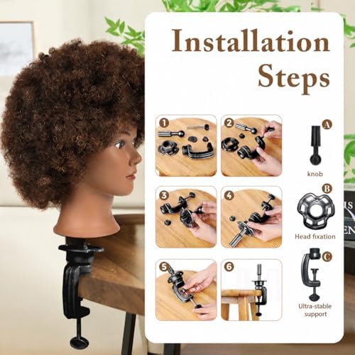 African Mannequin Head with 100% Human Hair Mannequin Head Curly Cosmetology Manican Mannequins Heads with Stand for Display Practice Braiding Styling Training Head Hair Styling - Image 7