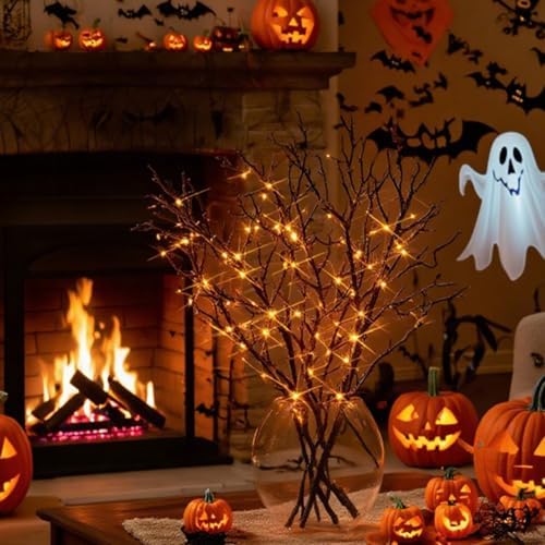 Halloween Branch Lights with Timer Battery Operated 75 LED Orange Fairy Lights, Lighted Black Willow Branches 21IN for Home Decor - Image 5