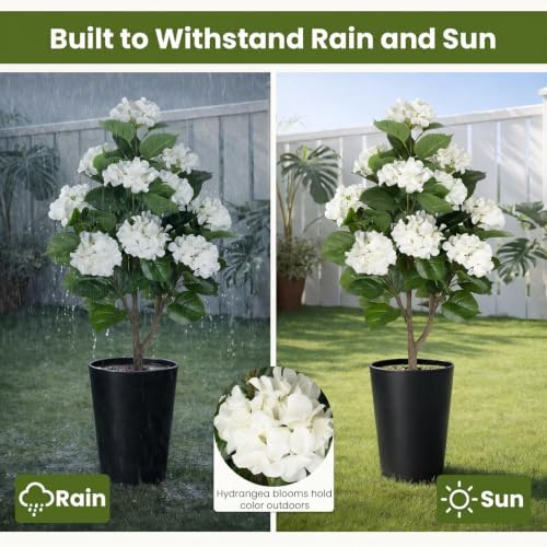 2 Pack 3FT Fake Hydrangea Trees for Outdoors with Ground Spikes, White Artificial Hydrangea Flowers Topiary Trees, Realistic Faux Outdoor Plants for Front Porch, Patio, Garden, Entryway Decor - Image 7