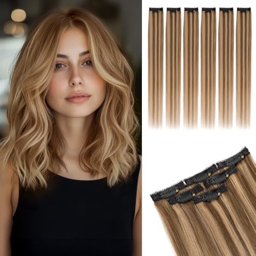 Rich Choices Real Human Hair Clip In Extensions-6 Pcs Single Clip Design-Invisible Clip in Extensions for Thin Short Hair-Hairpieces for Women-12 Inches #4P27 Medium Brown Highlighted Dark Blonde by RichChoices