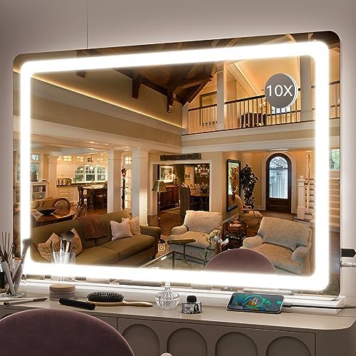FENNIO Vanity Mirror with Lights 32"x22", Lighted Makeup Mirror, Large Vanity Mirror with Lights, Touch Sensor with 3-Color Lighting, USB Charging Port for Vanity Desk Tabletop by FENNIOLEDMIRRORS
