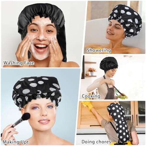 2 Pcs Large Shower Cap for Braids, Extra Long Shower Cap for Women Long Hair & Locs, Waterproof Hair Bonnets for Dreadlocks Drawstring Bath Caps for Women & Men (Polka Dots, Black) - Image 7