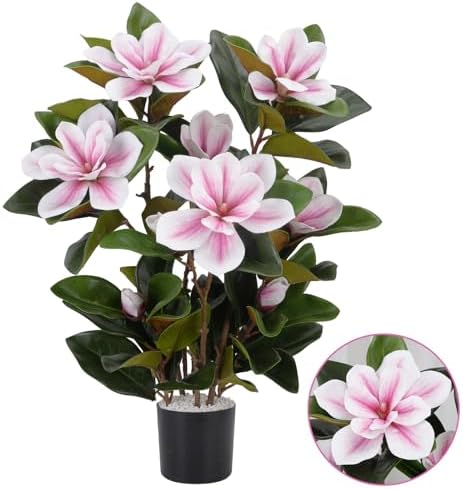 27.5" Fake Potted Plants Artificial Magnolia Flowers for Outdoors, Pink by MHMJON