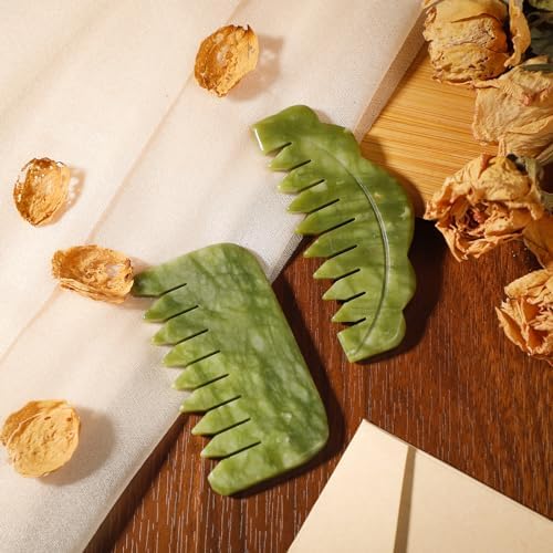 Geiserailie 2 Pcs Jade Combs Gua Sha Stone Scalp Massage Tool - Image 4