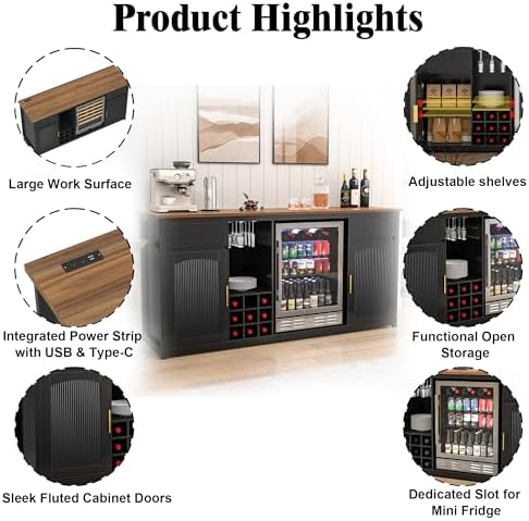 GDLF 78.7" Home Bar Cabinet with Fridge Space, Fluted Wine Liquor Bar,Black - Image 5