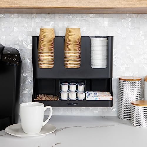 Mind Reader Condiment Station, 13 Inch Countertop Coffee Bar Organizer with 6 Compartments, Storage Caddy for Cups, Lids and Packets, Plastic, Black - Image 6