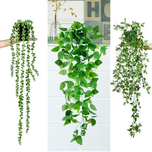 Sggvecsy Fake Hanging Plants 6 Pack Artificial Hanging Eucalyptus Plants Potted Greenery Faux Mandala Vine String of Pearls Boston Fern Ivy Vine Leaves Pea Pod for Home Indoor Outdoor Shelf Wall Decor - Image 4