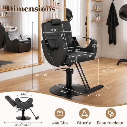 Salon Chair for Hair Stylist, Reclining Barber Chair Black Glod Salon Chair - Image 3