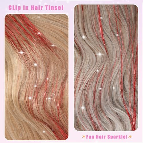 18 Pcs Hair Tinsel Clip in, 20.5 Inch Glitter Tinsel Hair Extensions, Shiny Sparkling Fairy Hair Tinsel Clips, Dazzling Party Hair Accessories for Girls Women Kids (Red) - Image 3