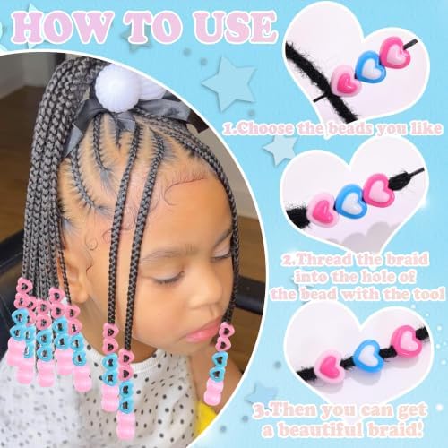 NAISKA 108PCS Pink Blue Hair Beads Heart Beads for Hair 12 Styles Dreadlock Bead Clear Bead Loc Jewelry Cute Hair Accessories for Kids Girls - Image 5