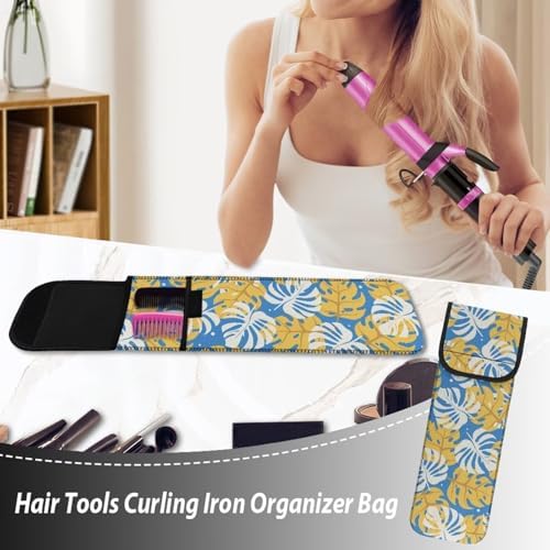 Hair Flat Iron Case Holder Canvas Bag Heat Resistant Curling Iron Silicone Straightener Holder Mat for Hair Tools Curling Iron Organizer Bag Tropical Leaf - Image 4