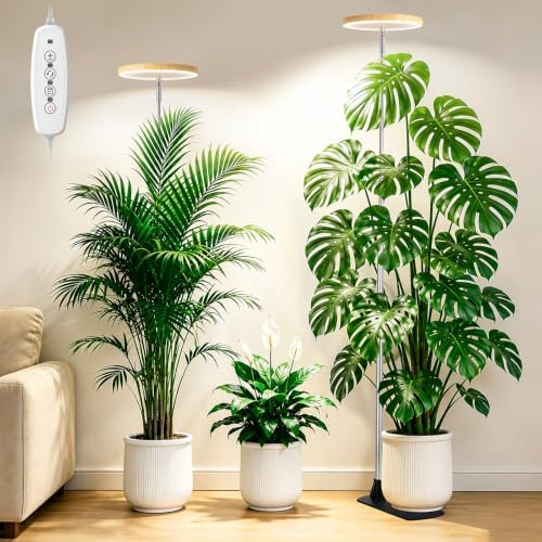 LBW Grow Lights for Indoor Plants, 80 LEDs Full Spectrum Disc Plant light with base, 2-IN-1 Base & Stake Grow Lamp, 65" Height Adjustable, 6/8/12/16H Auto Timer, 5 Dimming Levels, Bamboo Grain, 2 Pack by LBW