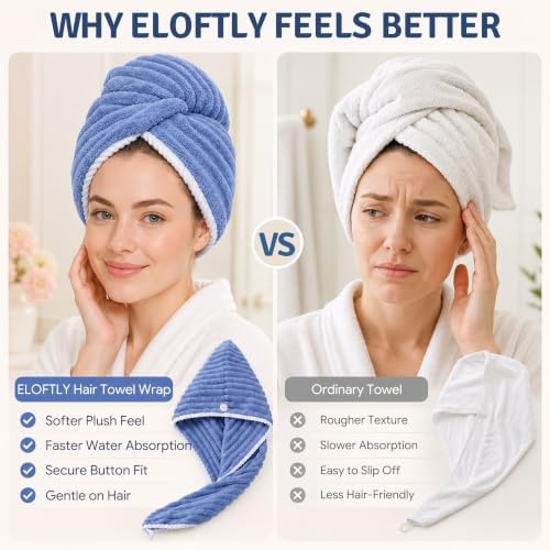 2 Pack Microfiber Hair Towel Wraps, Quick Dry Turbans, White & Blue - Image 5