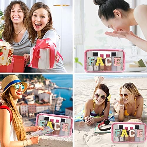 Iqimott Clear Patch Makeup Bag Face Pouch, Preppy Personalized Chenille Letter Cosmetic Pouch for Travel, Nylon Waterproof Organizer Travel Essentials Zipper Toiletry Bags for Women Girls(Pink) - Image 6