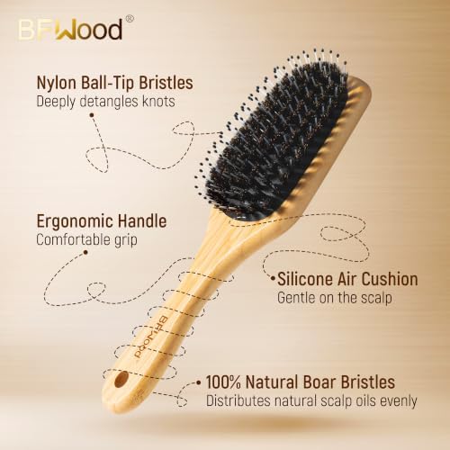 BFWood Boar Bristle Hair Brush, Paddle Detangling HairBrush for Women Men - Image 2