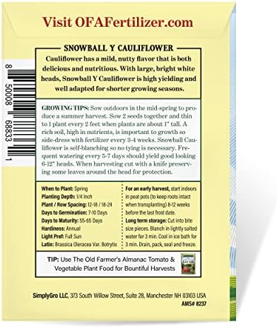 The Old Farmer's Almanac Heirloom Cauliflower Seeds (Snowball Y Improved) - Approx 450 Seeds - Non-GMO, Open Pollinated, USA Origin - Image 3