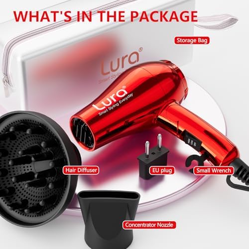 LURA Mini Portable Travel Hair Dryer:Dual Voltage Small Lightweight Blow Dryer with EU Plug,1200W Compact Hairdryer with Folding Handle,with Concentrator&Diffuser Attachment,for Women and Men(Red) - Image 5