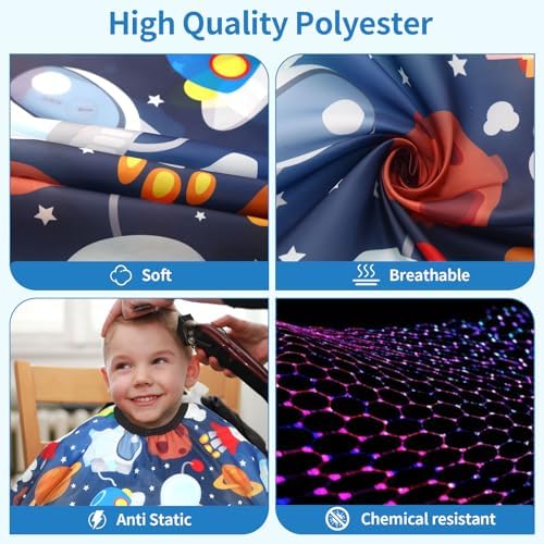 Kids Barber Cape with Neck Duster Brush, Professional Salon Hair Cutting Cape with Adjustable Snap Closure(Cartoon Space) - Image 2