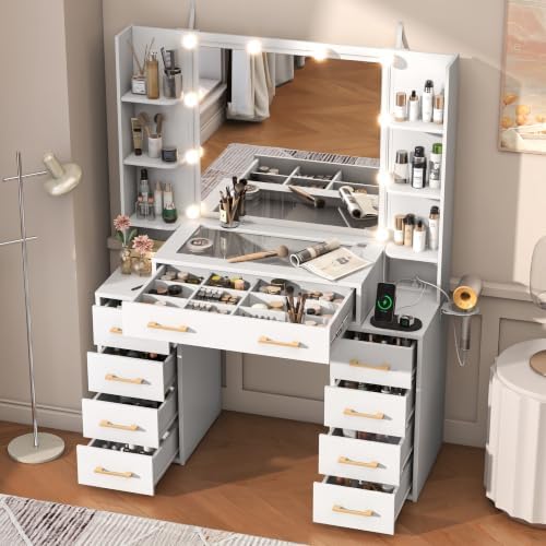 Vanity Desk with Mirror and Lights, 43.5" Large Makeup Vanity with Glass Top and 9 Drawers, Makeup Table with Charging Station & Drawer Dividers, Modern Bedroom Dressing Table for Women & Girls, White - Image 4