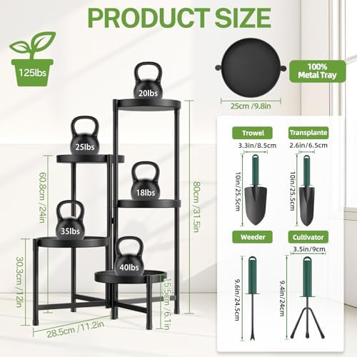 5 Tier Large Plant Stand with Garden Tools, 10 Inch Tray, Black - Image 2