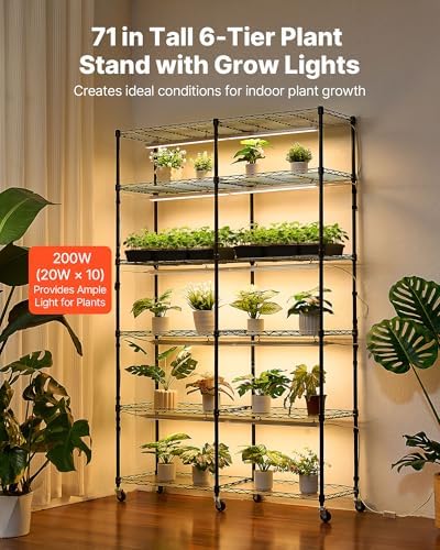VEVOR Plant Shelf with Grow Light, 6-Tier Double-Row Plant Stand, 71in Tall Indoor Plants Display Rack with Wheels & Timer, 200W Full Spectrum Grow Lights, Metal Flower Pot Holder for Seed Starting - Image 2