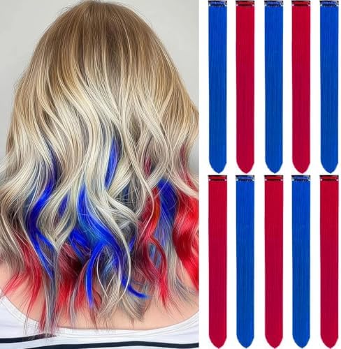 Red and Blue Hair Extensions Clip in Colored Hairpieces Gift 10 PCS by LADYAMZ