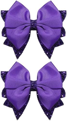 Glitter Dark Purple Hair Bows 3.5in Shiny Sequin Ribbon Dress Bow Alligator Clips for Girls Women Kids Mardi Gras Easter Halloween Party Costume Outfit Decor Accessory Birthday Gift by KCHIES-AccessoryCollection