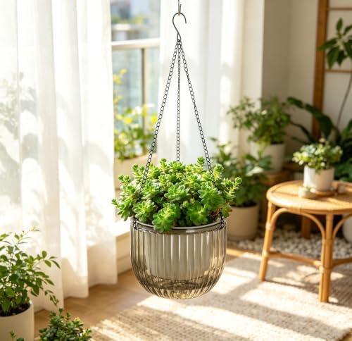 Melphoe 2 Pack Self Watering Hanging Planters Indoor Flower Pots, 8.3 Inch Outdoor Hanging Basket, Plant Hanger with 3Hooks Drainage Holes for Garden Home (Gray) - Image 3