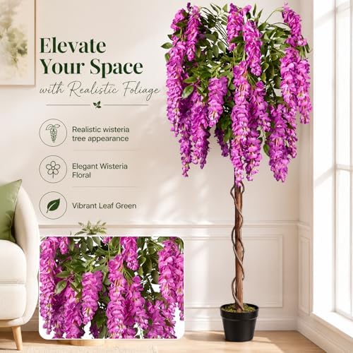 5ft Artificial Wisteria Tree, Fake Tree with Firmly Attached Blooms for Less Shedding, Faux Trees Indoor Outdoor Home Office Living Room Decor, Potted Floor Plant - Image 3
