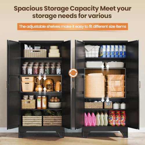 Black Tall Pantry Cabinet Kitchen Metal Garage Storage Cabinet Cupboard 75" - Image 5