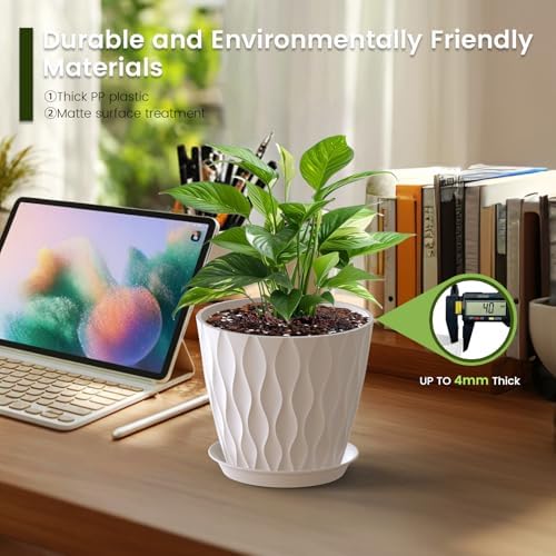 Meowell 7 inch Plant Pots for Indoor Outdoor Plants, 5 Pack Thick Nursery Pots with Drainage Holes and Saucers, 3D Modern Wave Texture Plastic Planter Pots for Flowers and House Plants, Multicolor - Image 4