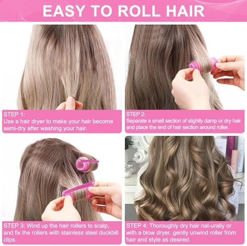 Hair Rollers, 12 Pack Hair Curler Small Hair Rollers for Women, Self Grip Hair Roller with Clips, Pink - Image 5