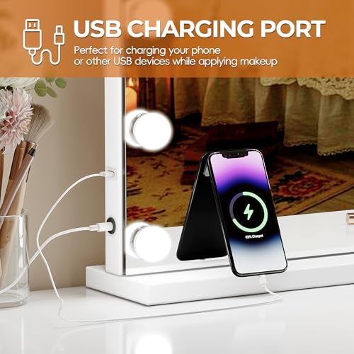 ZL ZELing Vanity Mirror Makeup Mirror with Lights,31.49" x 23.62"Large Tabletop Light up Mirror with 18Bulbs,10X Magnification,USB Charging Port,3 Color Touch Control Dimmable Lights. - Image 5