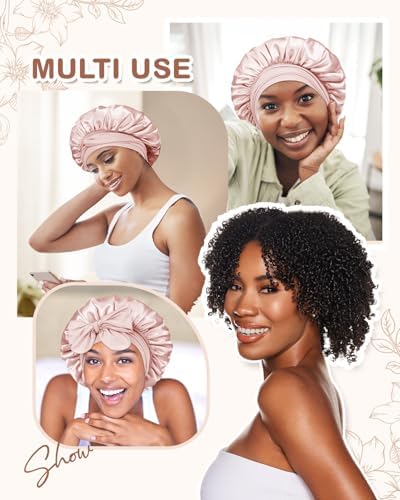 BONNET QUEEN Small Double Layer Silk Bonnet for Sleeping for Women Satin Lined Bonnet Night Cap for Short Thin Hair with Tie Band, Cream Pink - Image 6