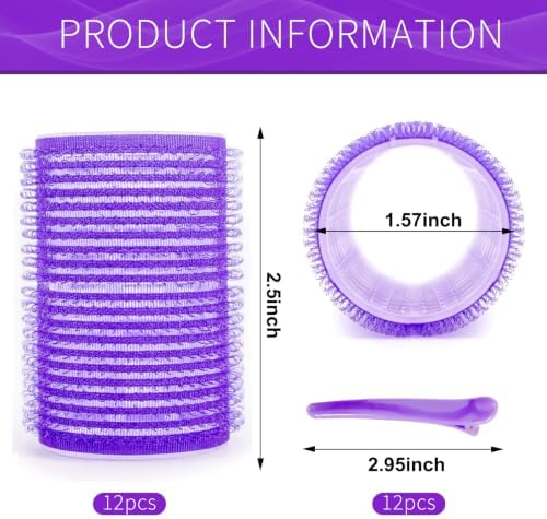 Hair Rollers, 12 Pack Self Grip Salon Hairdressing Curlers, DIY Curly Hairstyle, Large Rollers 1.57In Deep Purple - Image 2