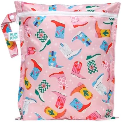 Bumkins Waterproof Wet Bag for Baby, Travel, Swim Suit, Cloth Diapers, Pump Parts, Pool, Beach, Gym Clothes, Toiletry, Hook to Stroller, Daycare, Zipper Reusable Wetdry Packing Pouch, Cowgirl Boots by Bumkins