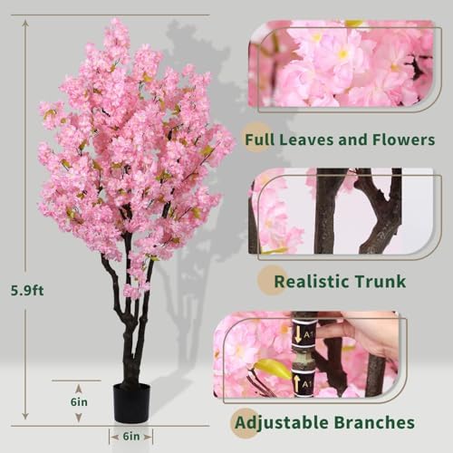 5.9ft Tall Pink Artificial Cherry Blossom Tree - Image 5