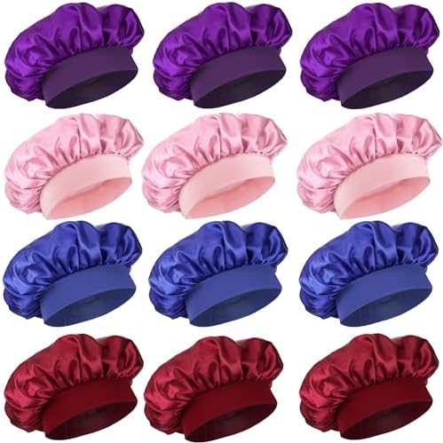 12 Pieces Silk Bonnet for Women Curly Hair Satin Bonnet Hair Wrap for Sleeping Cap with Tie Band (Multicoloured1) by PODALOA