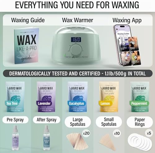 Tress Wellness Waxing Kit for Sensitive Skin – Safe for Face & Skin, Prep & Aftercare Spray, Easy to Use – At-Home Kit for Face, Bikini, Brazilian & Full Body- Digital Display, Green - Image 2